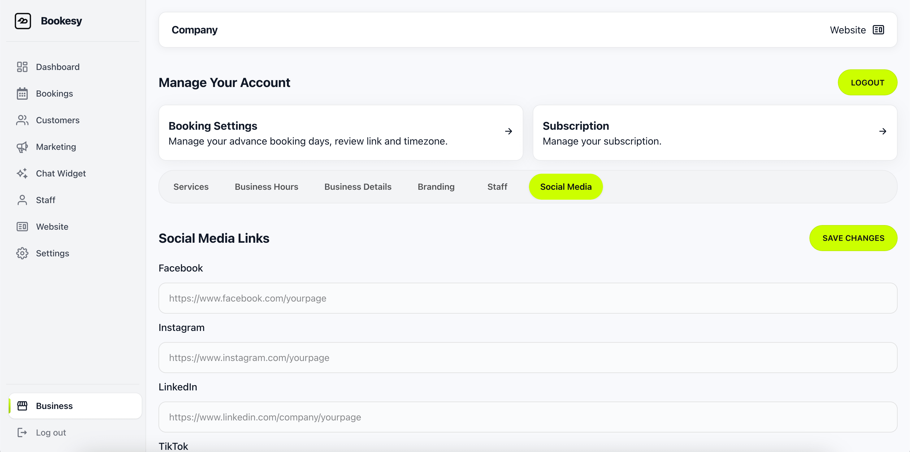 Business profile and social links in Bookesy