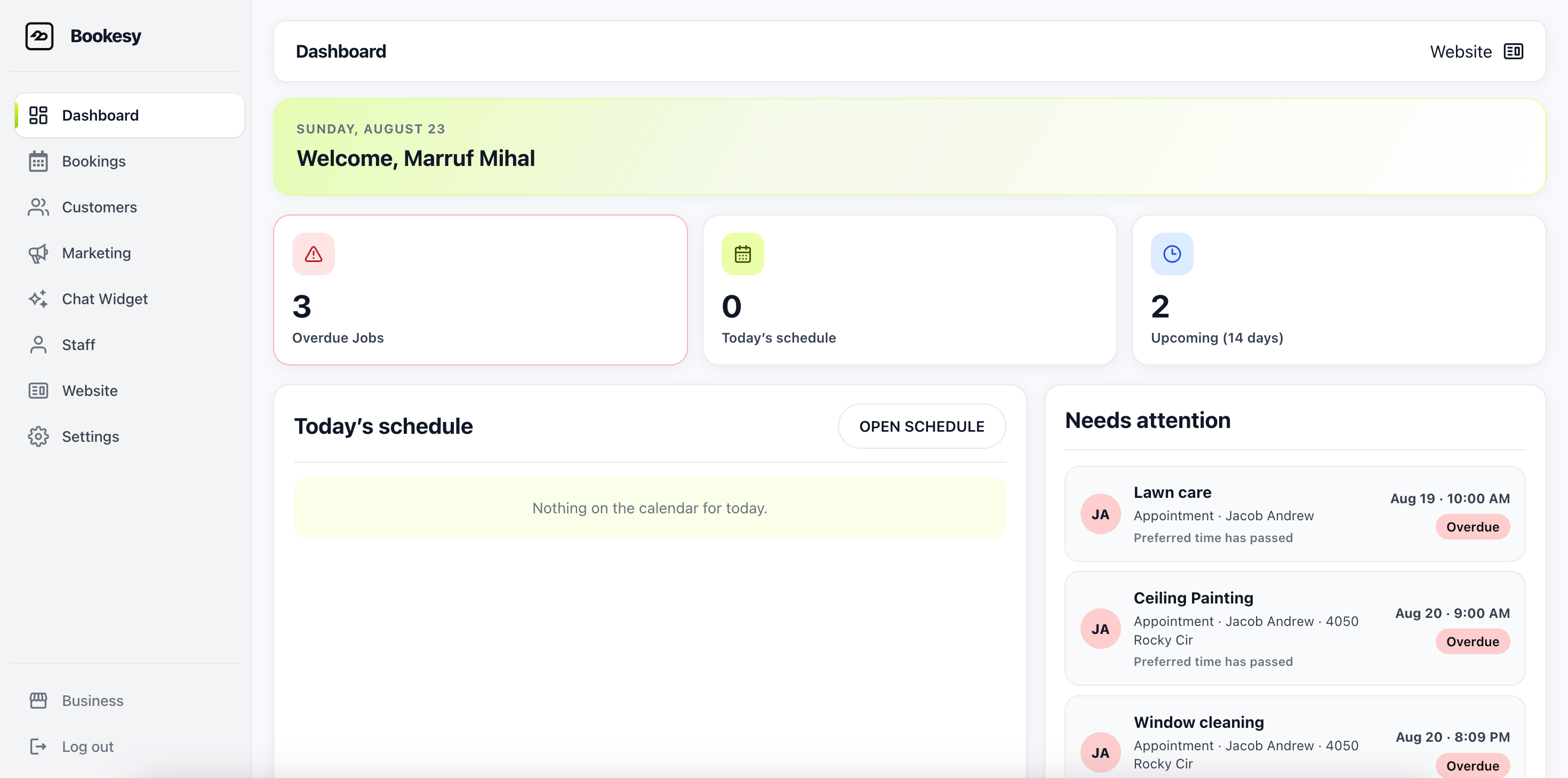 Bookesy dashboard showing jobs, schedule, and business summary